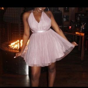 Baby pink halter neck fluffy mini dress